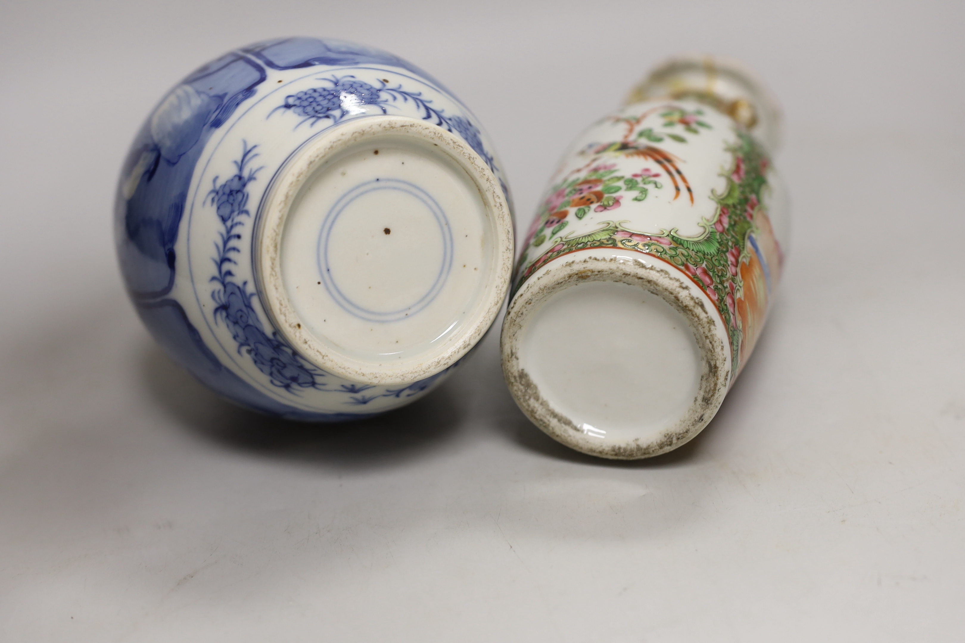 Two Chinese vases, famille rose and blue and white, tallest 26cm